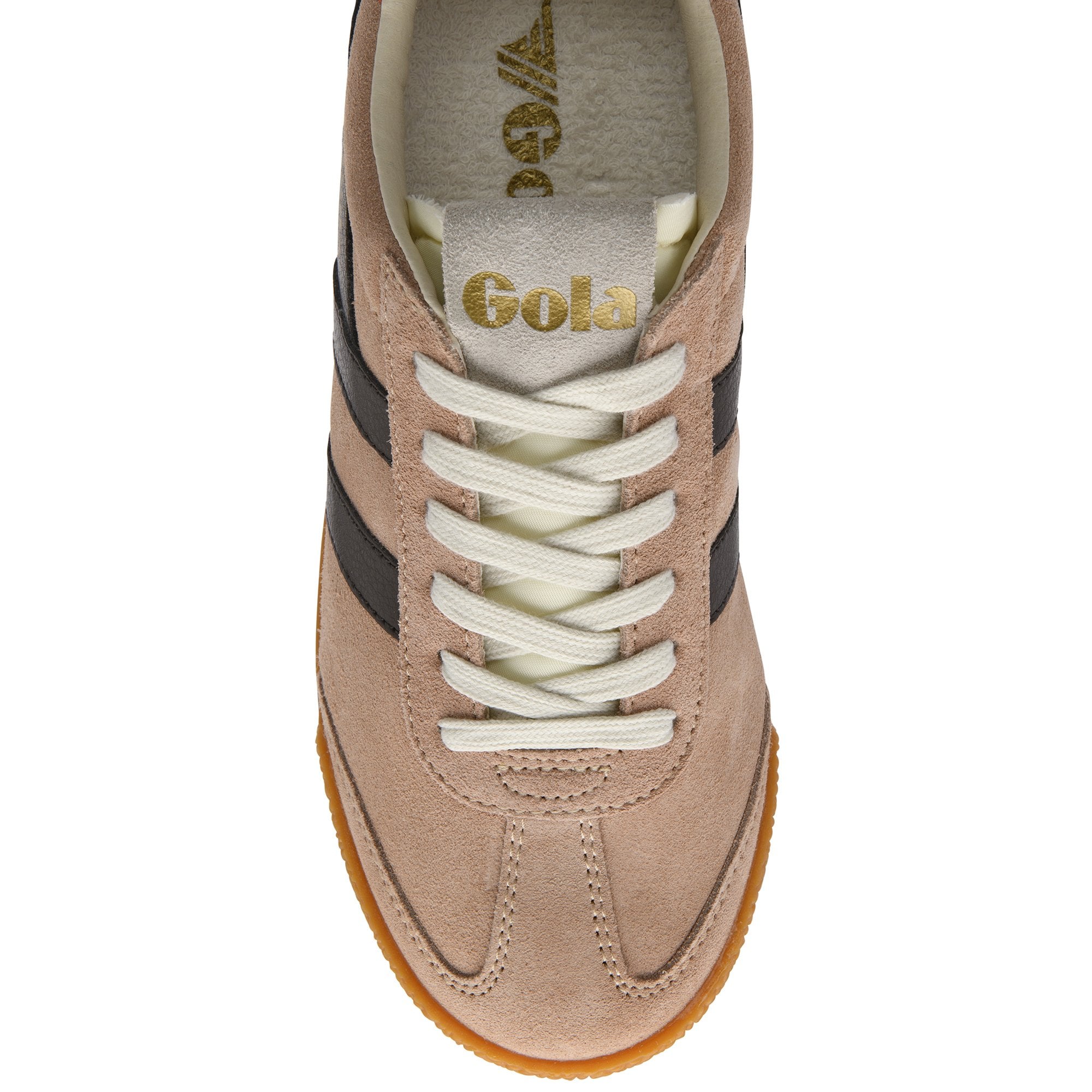 Top-down view of a Gola trainer in light brown suede with black stripes and white laces