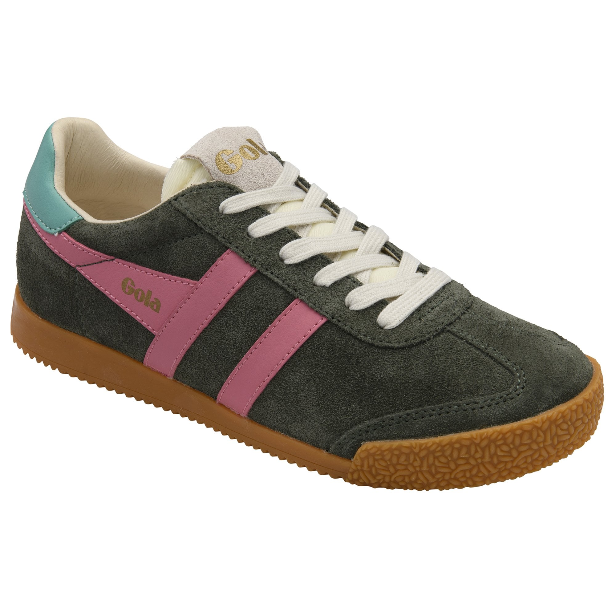 Dark green suede Gola sneaker with pink stripes, white laces, and a light brown sole.