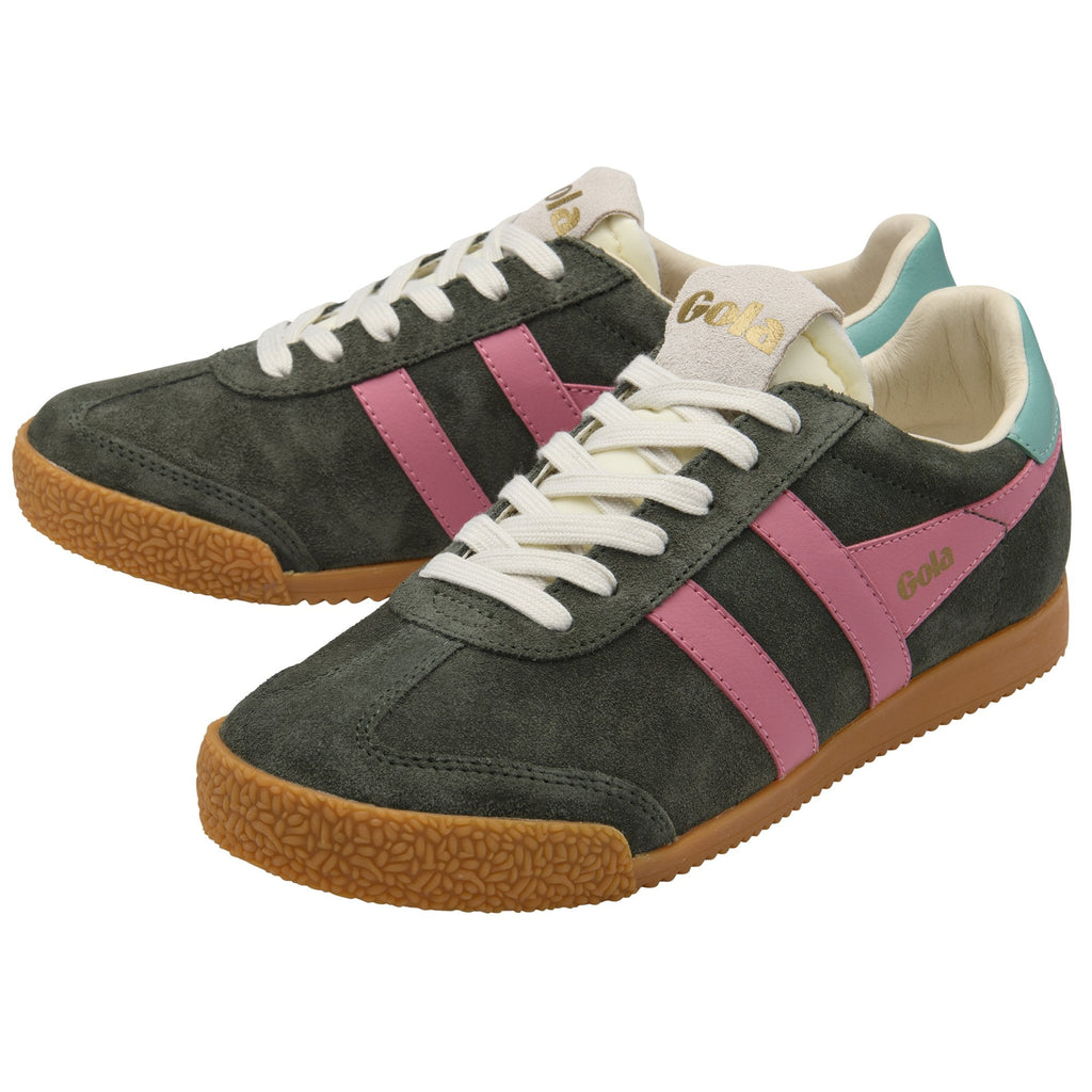 Pair of Gola sneakers in dark green suede with pink stripes, white laces, and a gum sole