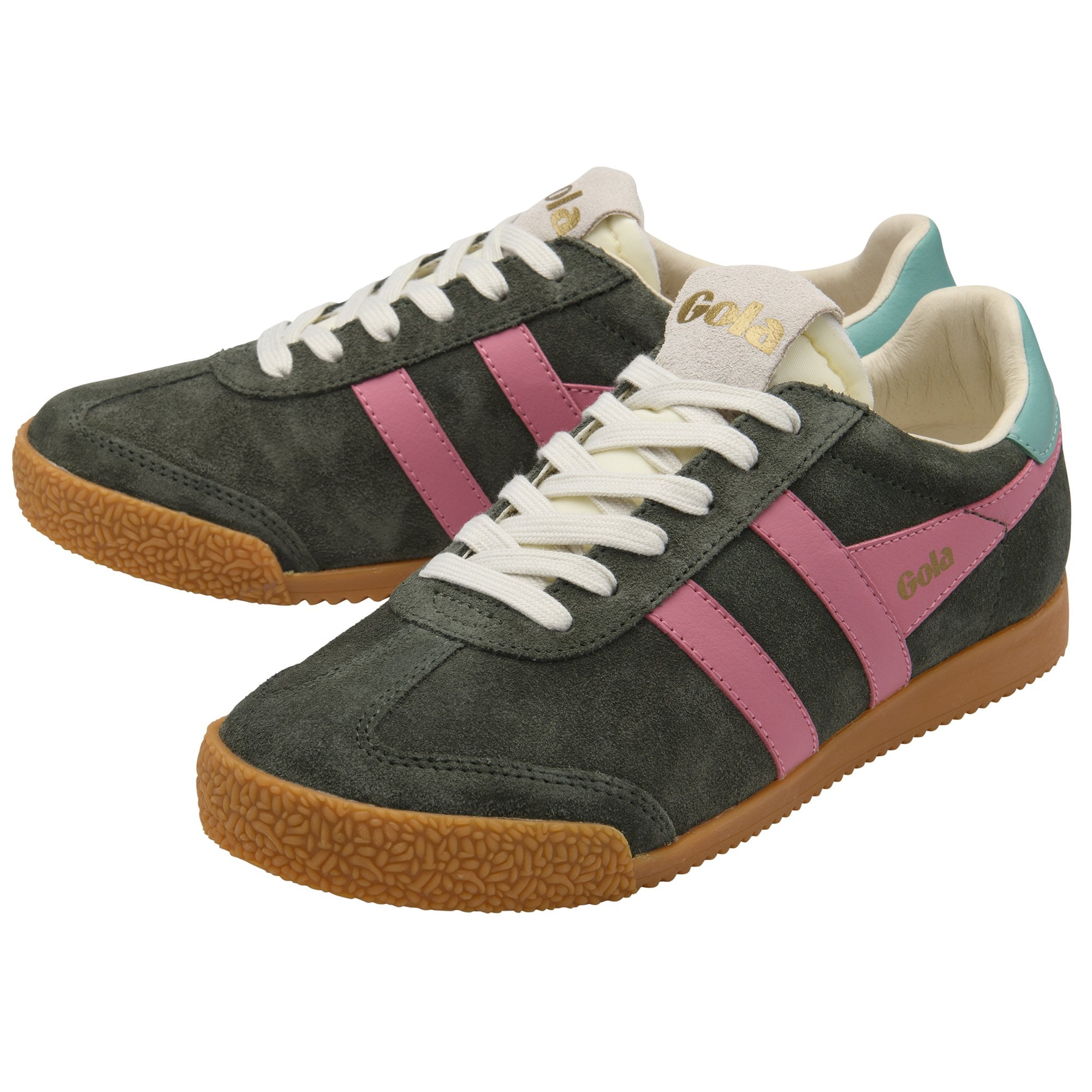 Pair of Gola sneakers in dark green suede with pink stripes, white laces, and a gum sole