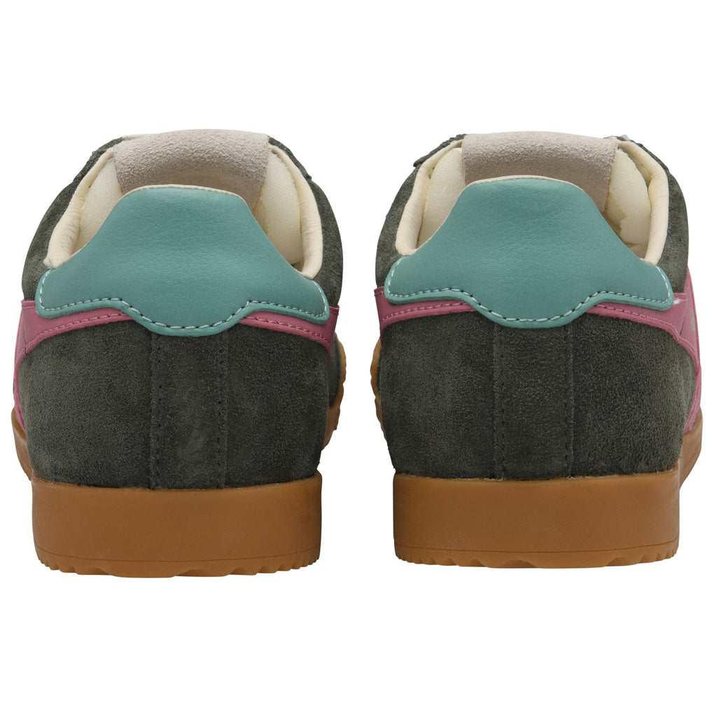 Rear view of two dark green suede sneakers with teal and pink accents, and brown gum soles.