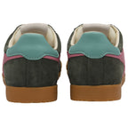 Rear view of two dark green suede sneakers with teal and pink accents, and brown gum soles.