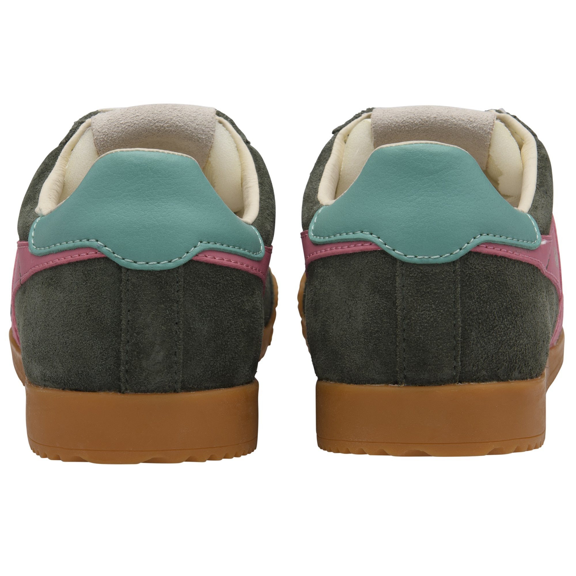 Rear view of two dark green suede sneakers with teal and pink accents, and brown gum soles.