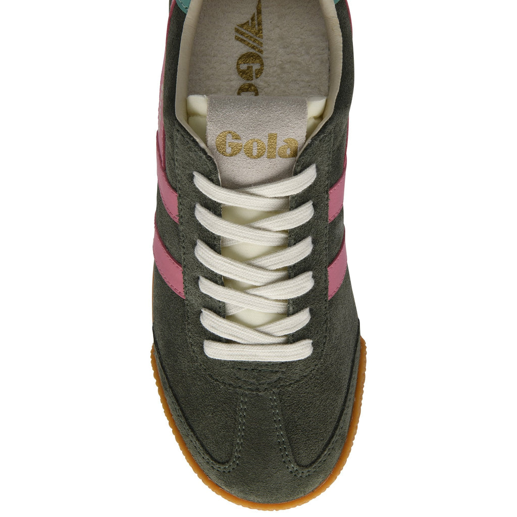 Top-down view of a Gola sneaker in dark green suede with pink stripes and white laces.