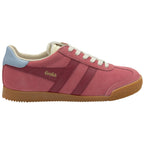 Gola women's trainer in pink suede with white laces, light blue heel tab, and brown gum sole