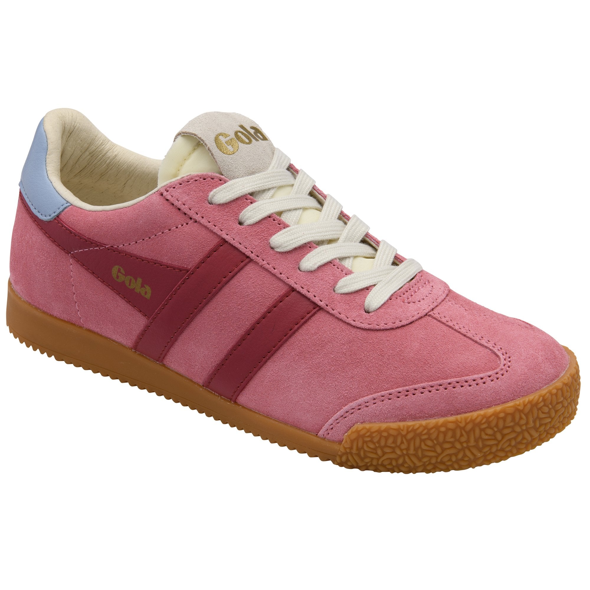 Pink suede Gola sneakers with white laces, maroon stripes, and a light blue heel accent.