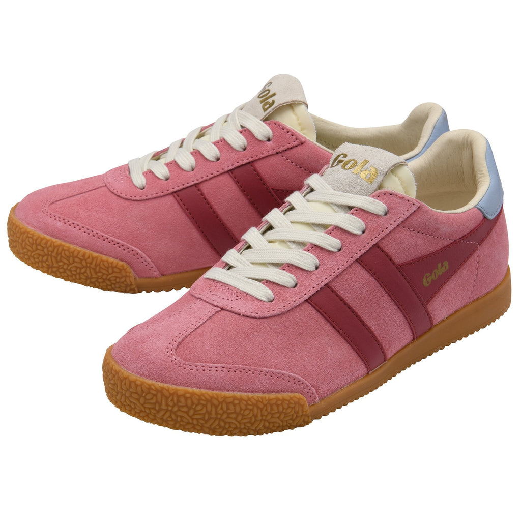 Pink suede Gola sneakers with white laces and a light blue heel accent.