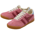 Pink suede Gola sneakers with white laces and a light blue heel accent.