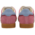Rear view of two pink suede sneakers with light blue heel tabs and brown rubber soles.