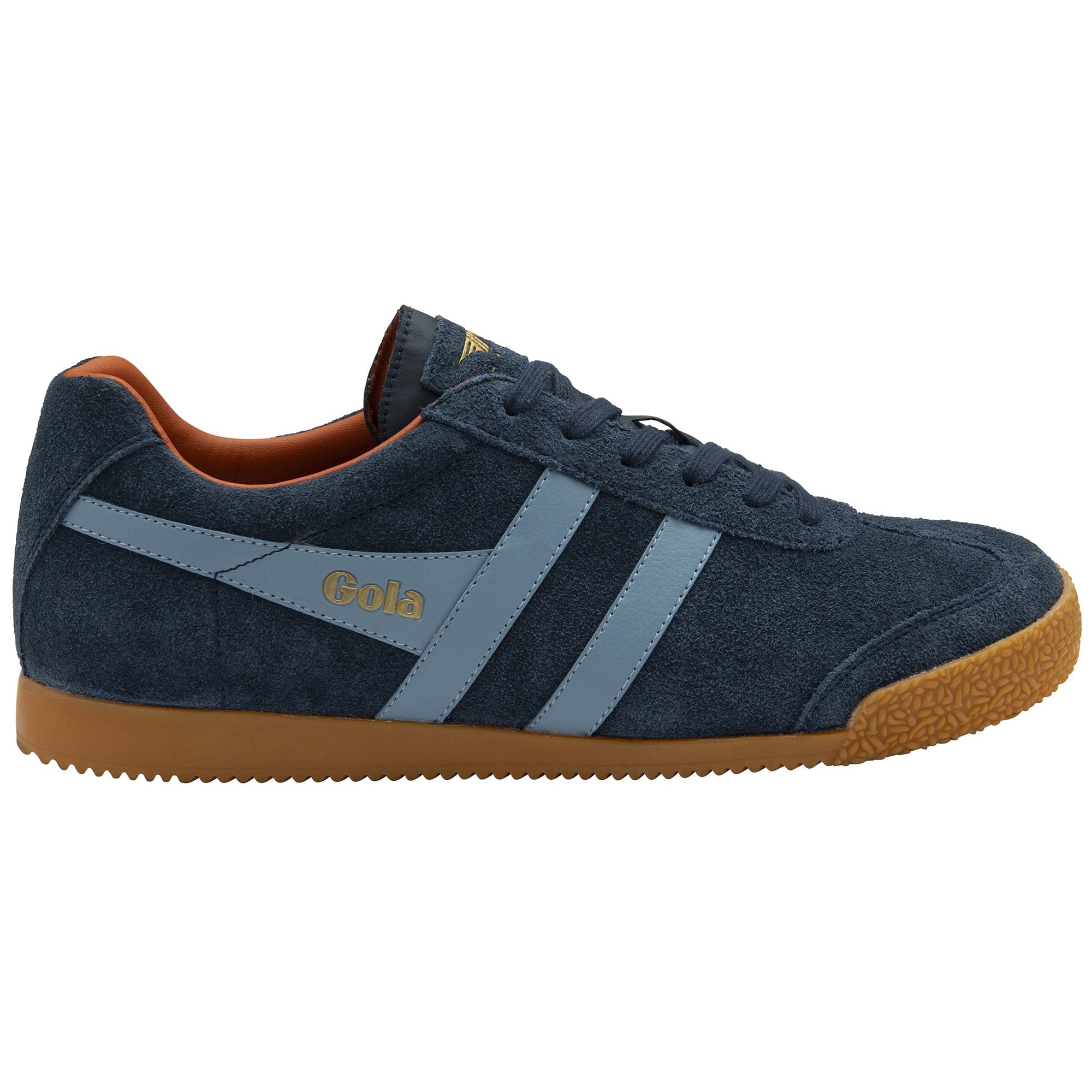 Navy blue suede Gola sneakers with light blue stripes and a brown sole.