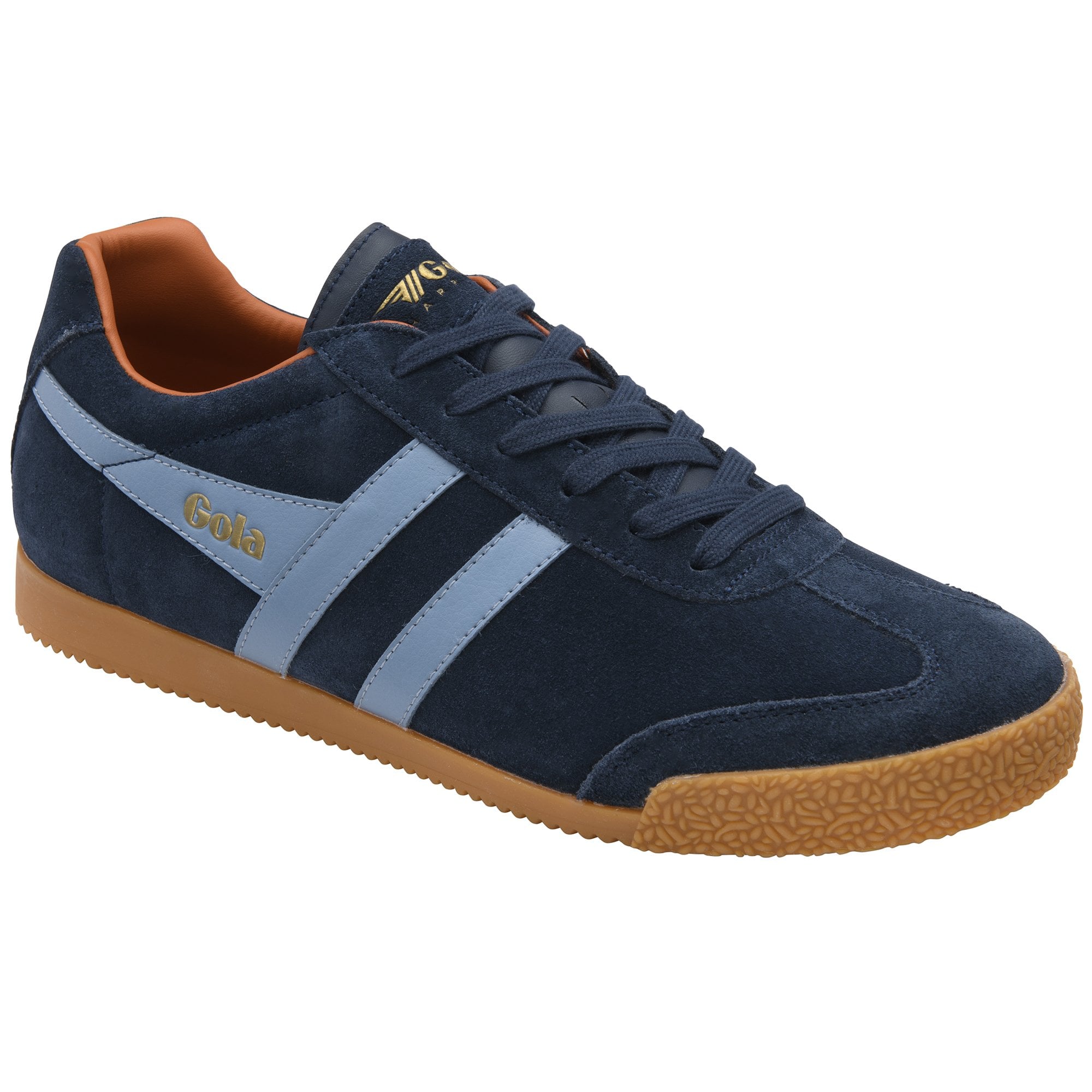 Navy blue suede sneaker with light blue stripes and a brown sole.