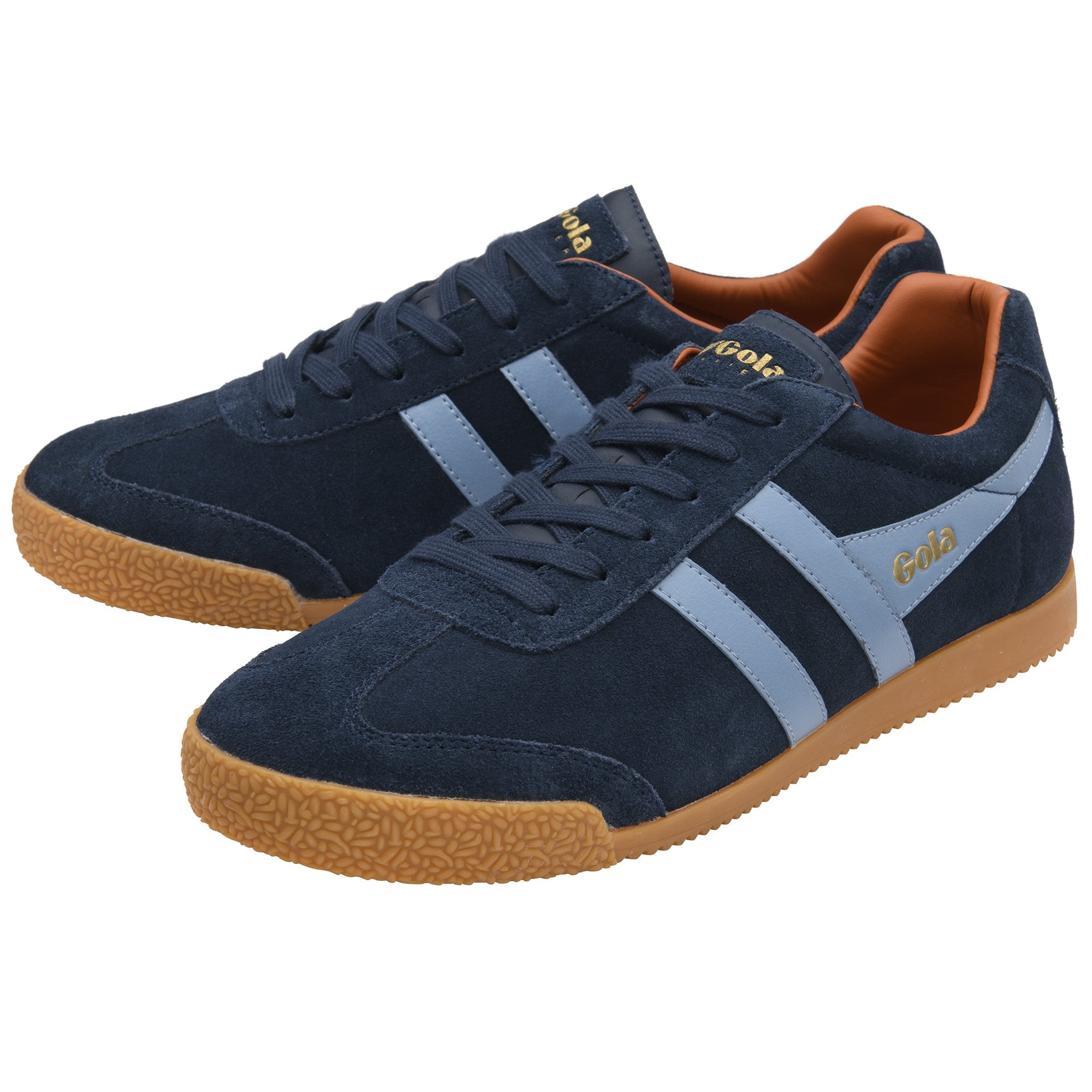 Pair of navy blue suede sneakers with light blue stripes and tan soles.