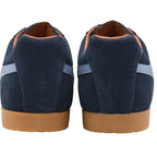 Pair of navy blue suede sneakers with light blue stripes and tan soles, viewed from the back.