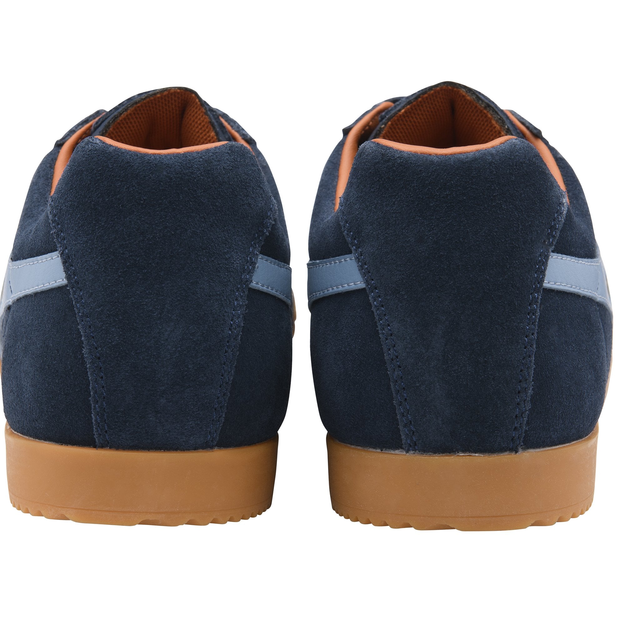Pair of navy blue suede sneakers with light blue stripes and tan soles, viewed from the back.