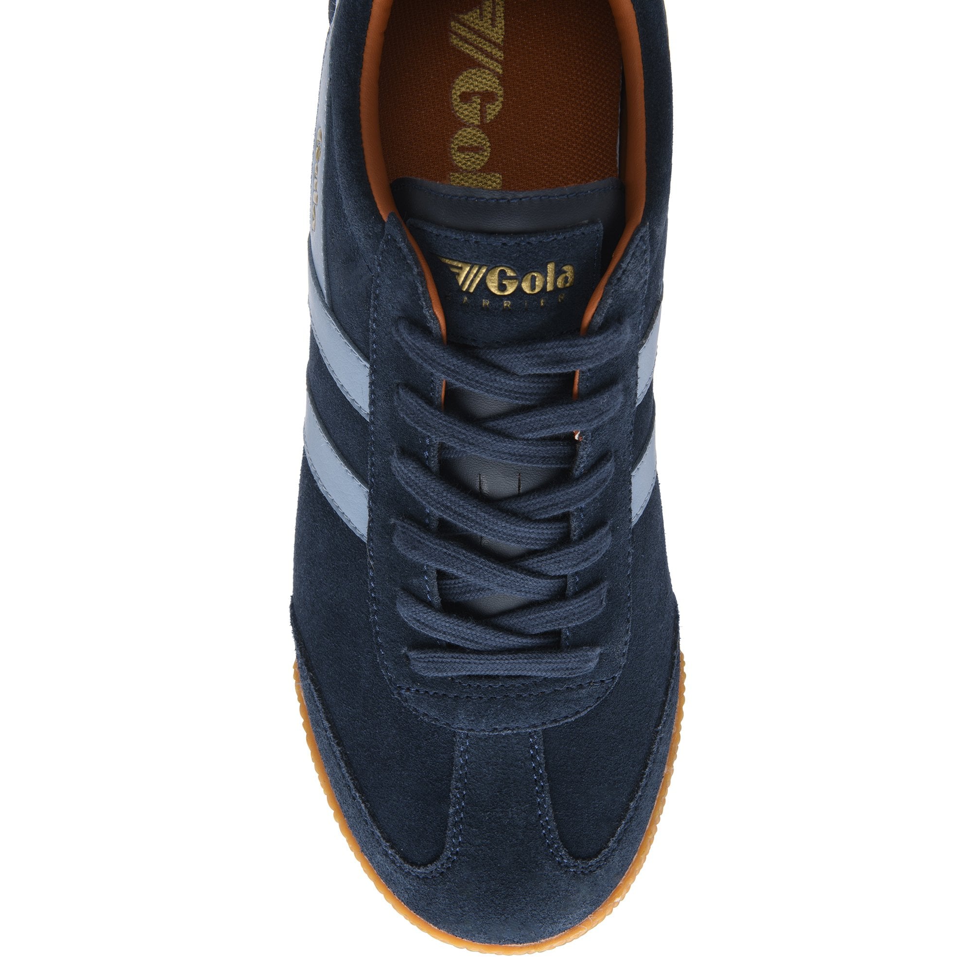 Navy blue Gola Harrier suede trainer with light blue stripes and a brown sole