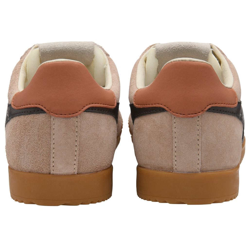 Rear view of two light brown suede sneakers with dark brown accents and gum soles.