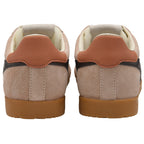 Rear view of two light brown suede sneakers with dark brown accents and gum soles.
