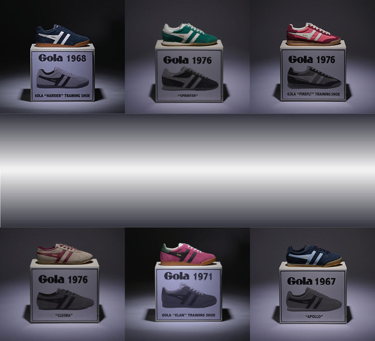 Nine Gola training shoes from 1967 to 1976 on display